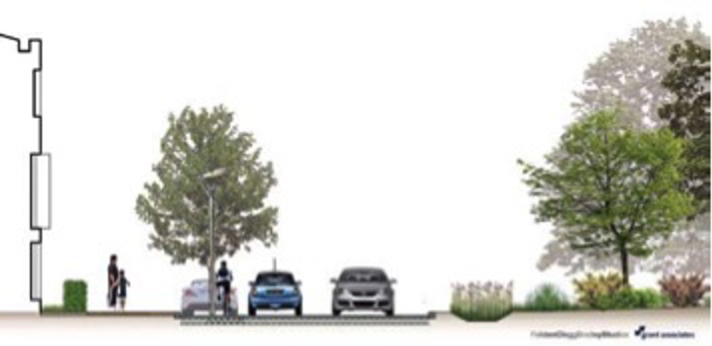 Woodland spine swale illustration containing trees and cars