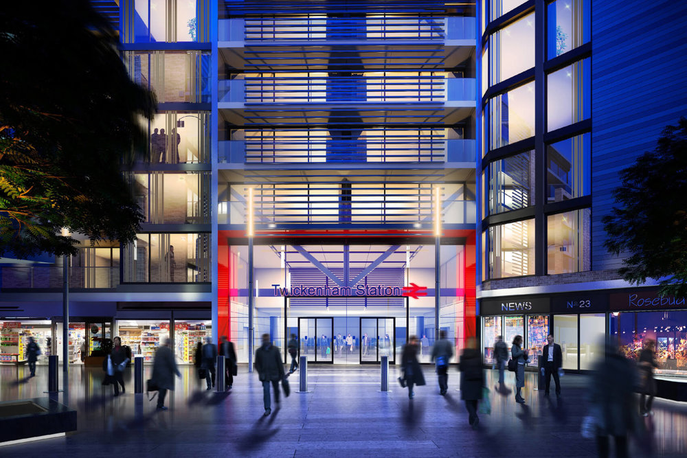 Twickenham Station development concept showing people entering the station at night